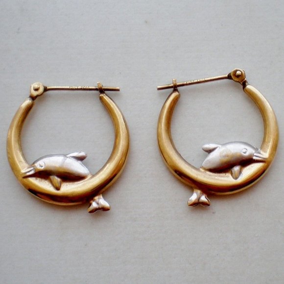 Vintage Designer Solid 10K Yellow Gold Dolphin Hoop Pierced Earrings 10kt